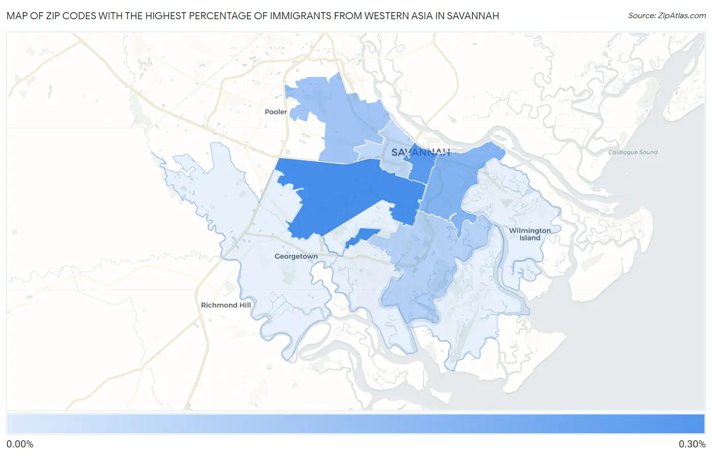 Zip Codes with the Highest Percentage of Immigrants from Western Asia in Savannah Map