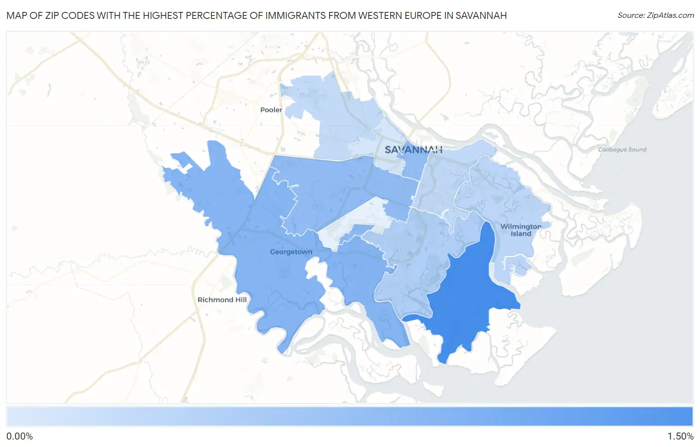 Zip Codes with the Highest Percentage of Immigrants from Western Europe in Savannah Map