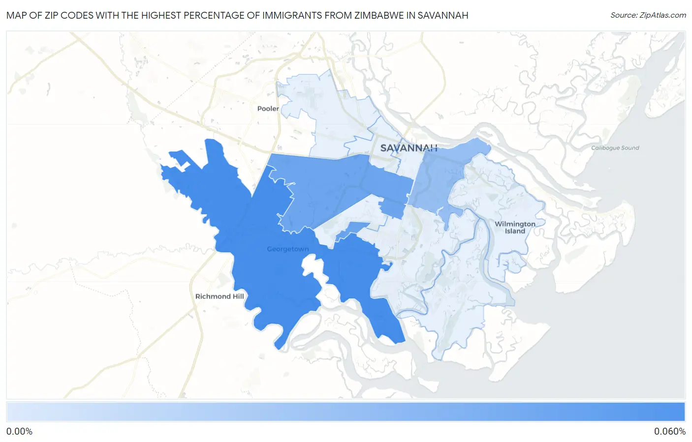 Zip Codes with the Highest Percentage of Immigrants from Zimbabwe in Savannah Map