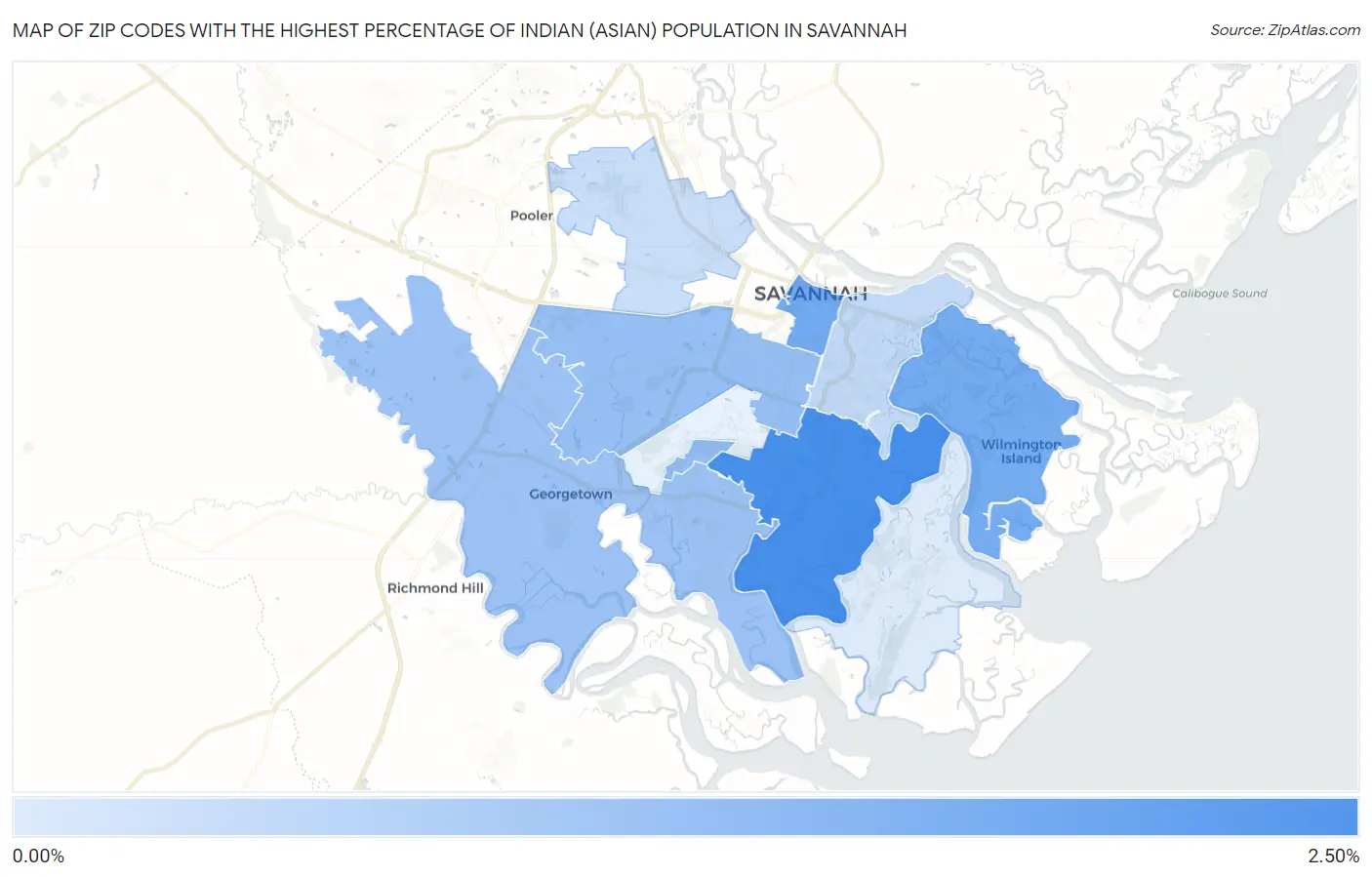 Zip Codes with the Highest Percentage of Indian (Asian) Population in Savannah Map