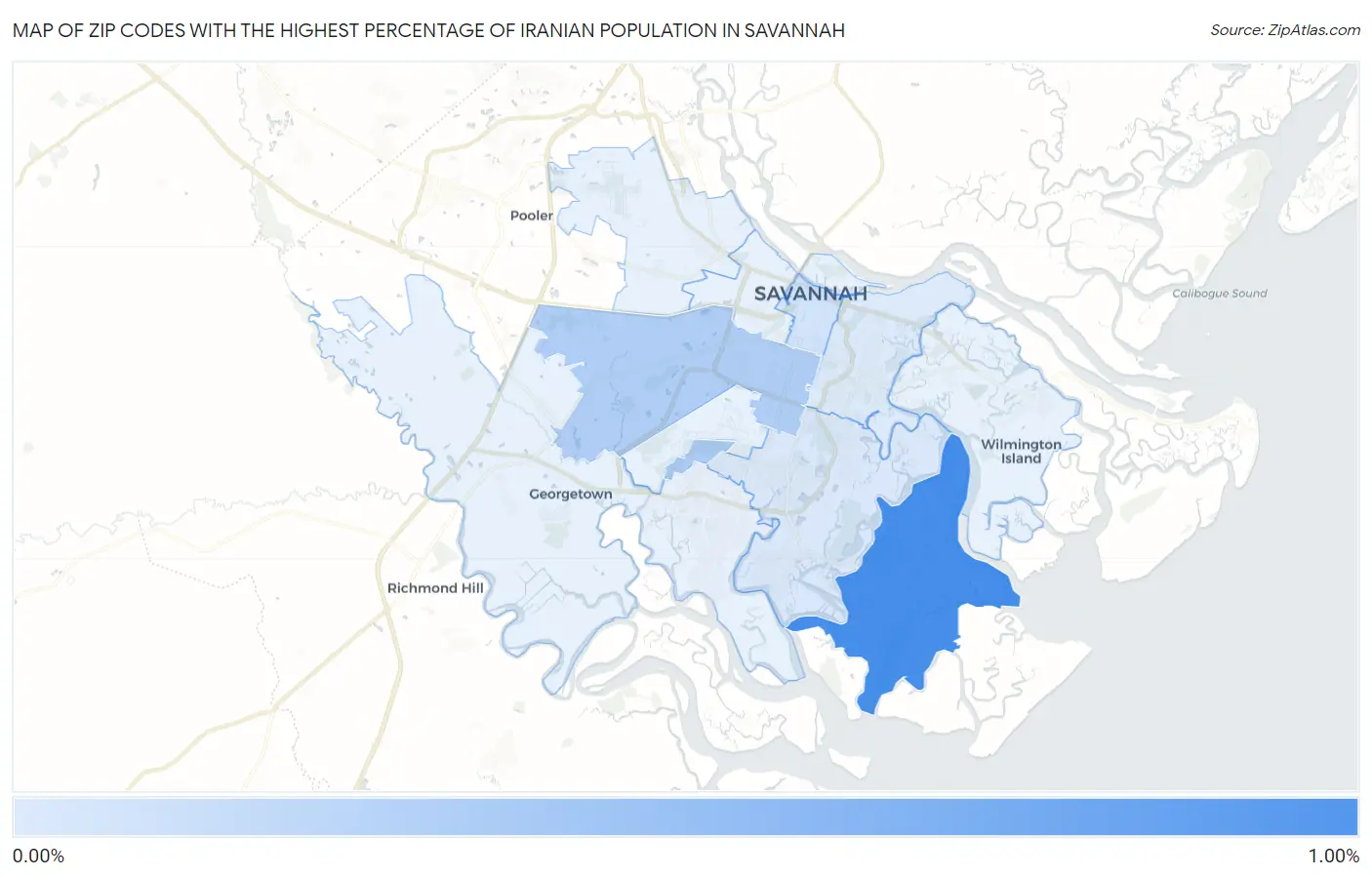 Zip Codes with the Highest Percentage of Iranian Population in Savannah Map