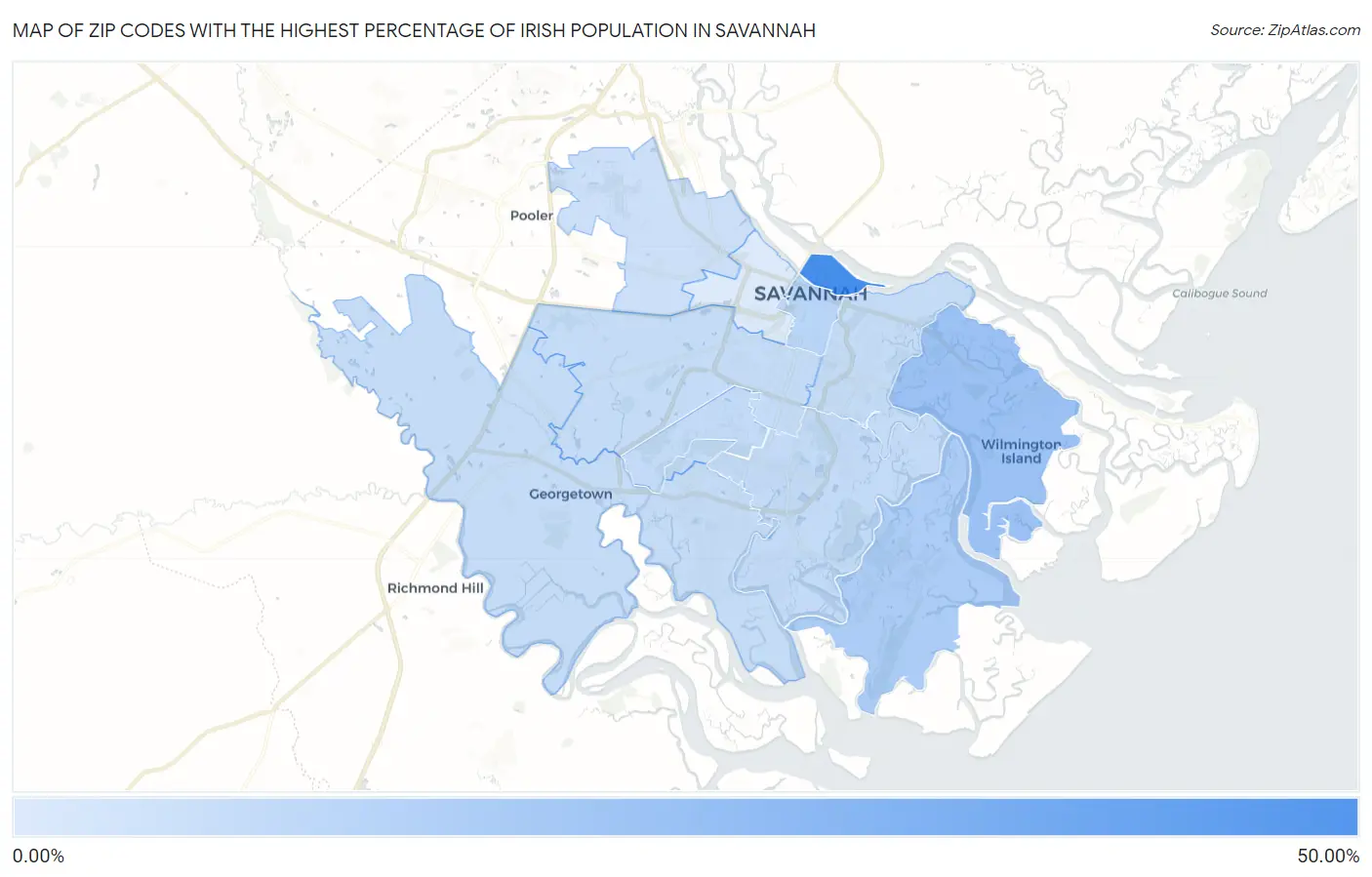 Zip Codes with the Highest Percentage of Irish Population in Savannah Map