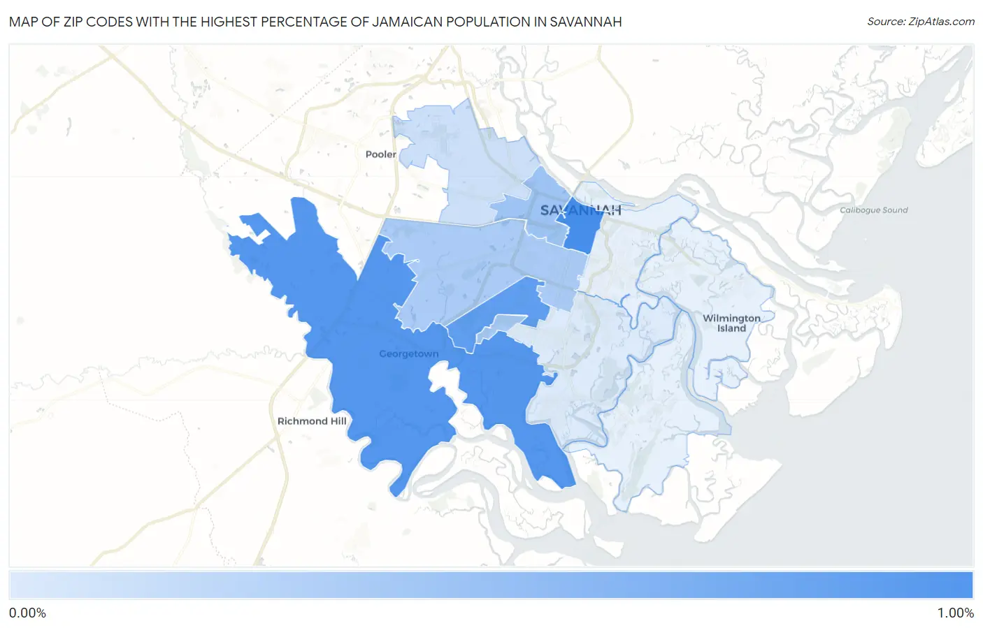 Zip Codes with the Highest Percentage of Jamaican Population in Savannah Map