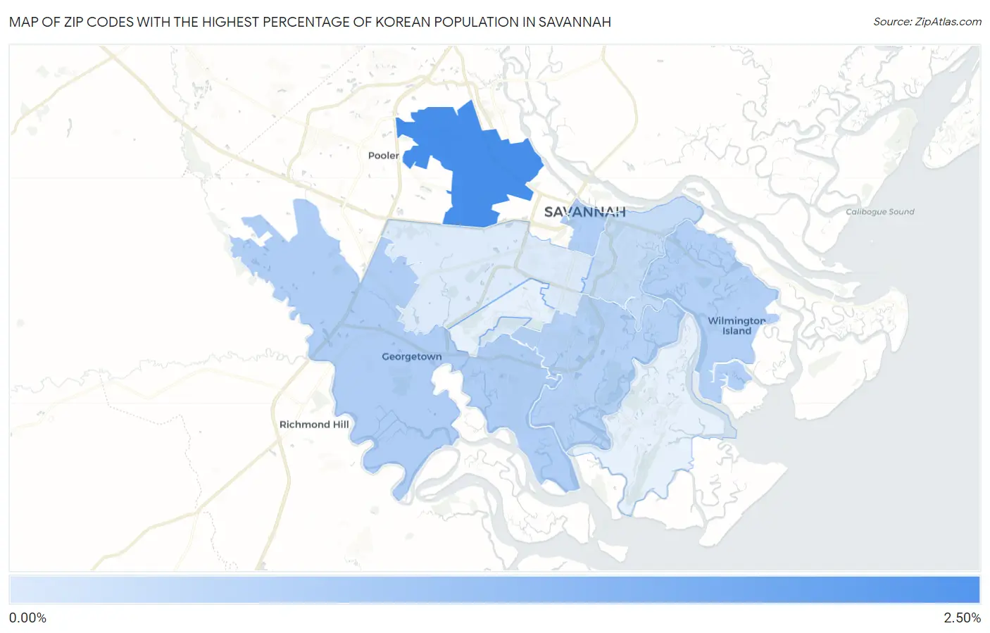 Zip Codes with the Highest Percentage of Korean Population in Savannah Map