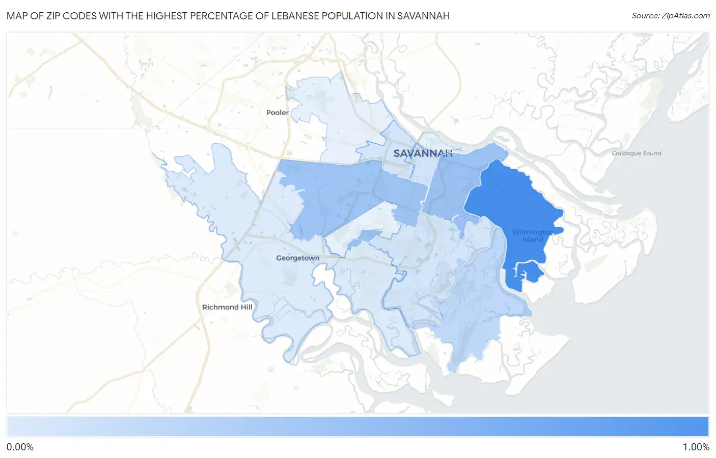 Zip Codes with the Highest Percentage of Lebanese Population in Savannah Map