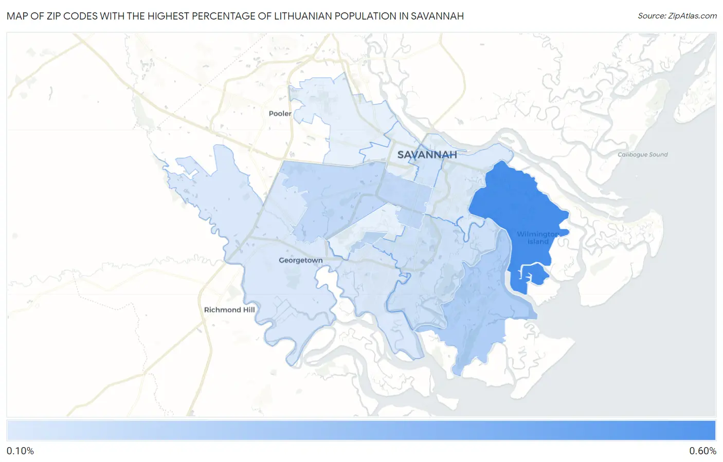 Zip Codes with the Highest Percentage of Lithuanian Population in Savannah Map