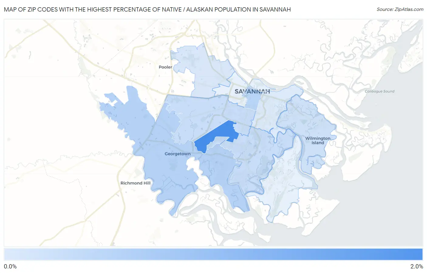 Zip Codes with the Highest Percentage of Native / Alaskan Population in Savannah Map