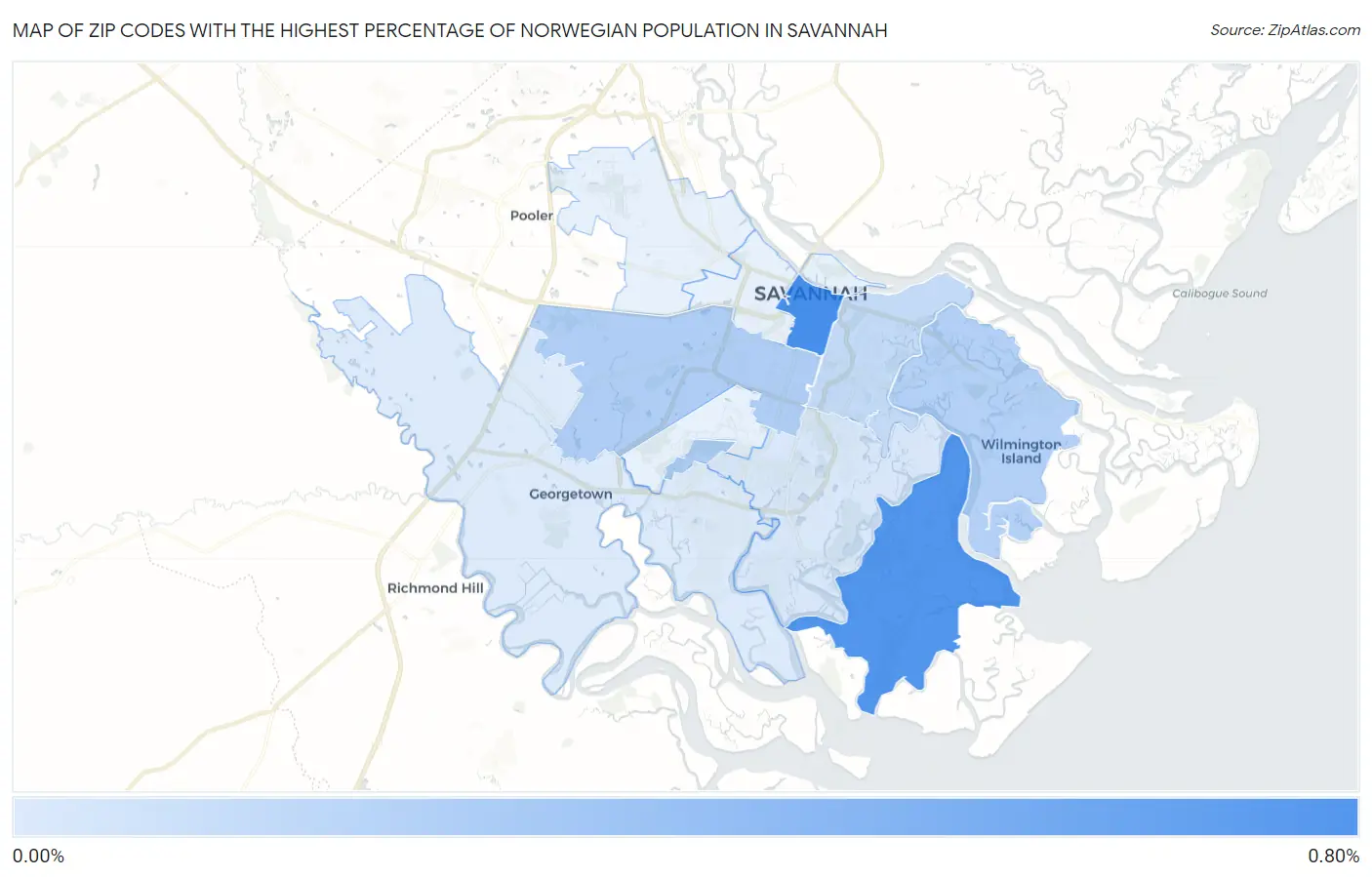 Zip Codes with the Highest Percentage of Norwegian Population in Savannah Map