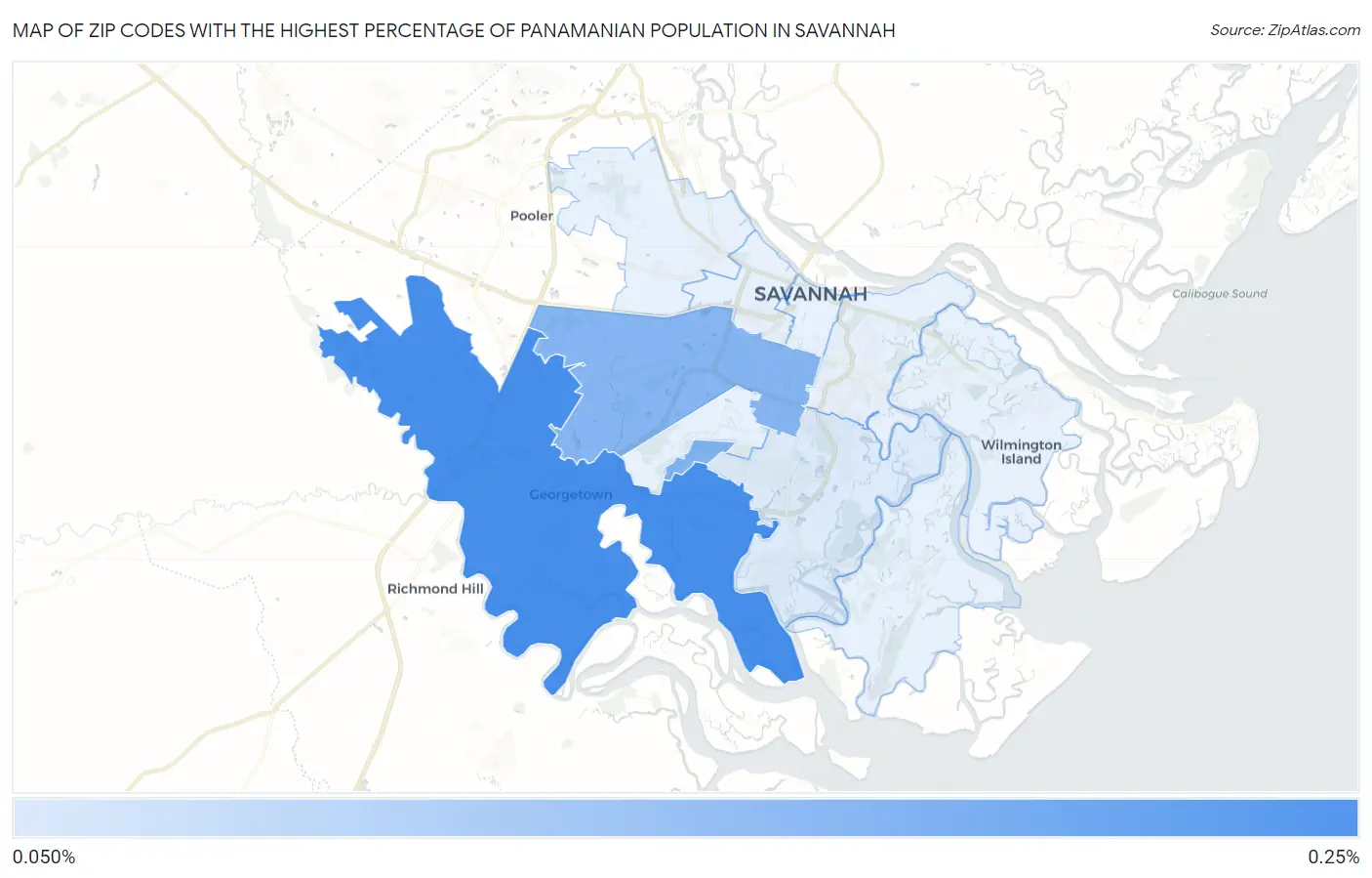 Zip Codes with the Highest Percentage of Panamanian Population in Savannah Map