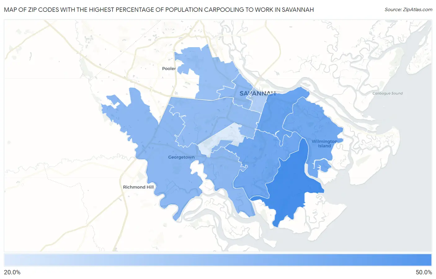 Zip Codes with the Highest Percentage of Population Carpooling to Work in Savannah Map