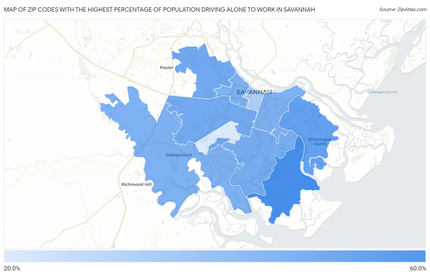 Zip Codes with the Highest Percentage of Population Driving Alone to Work in Savannah Map