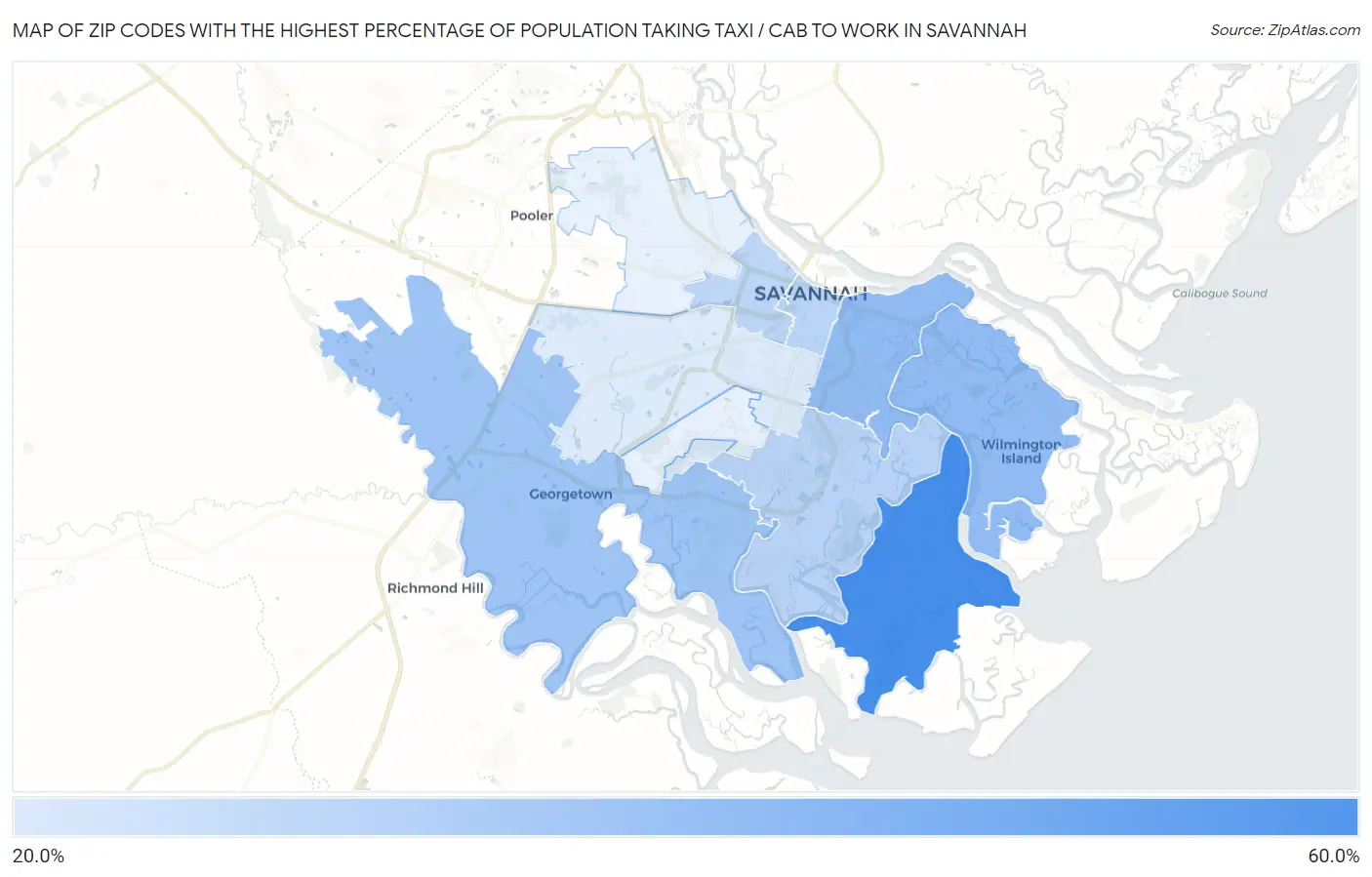 Zip Codes with the Highest Percentage of Population Taking Taxi / Cab to Work in Savannah Map