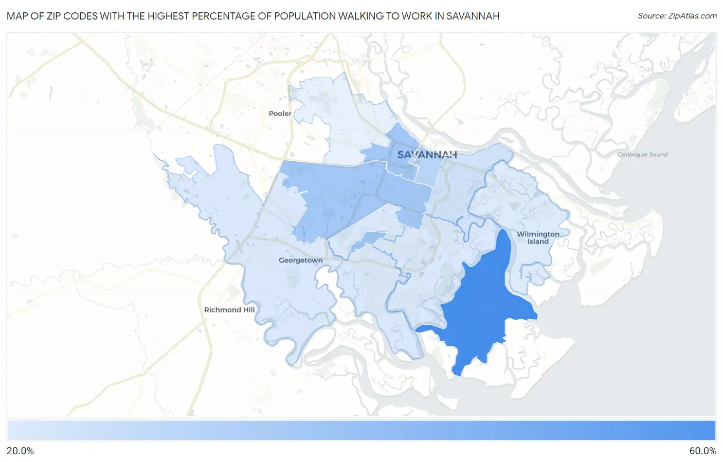 Zip Codes with the Highest Percentage of Population Walking to Work in Savannah Map