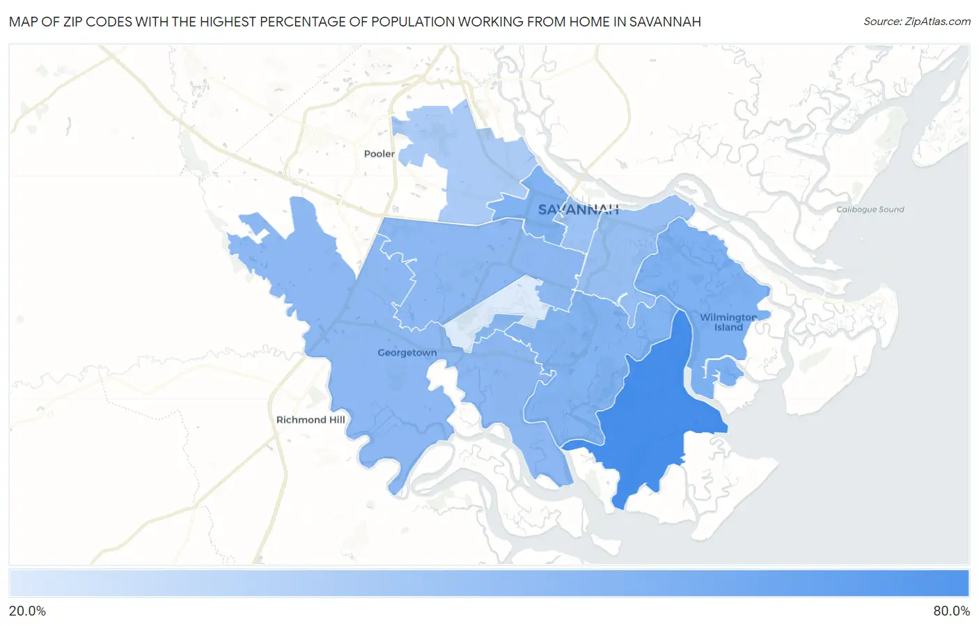 Zip Codes with the Highest Percentage of Population Working from Home in Savannah Map