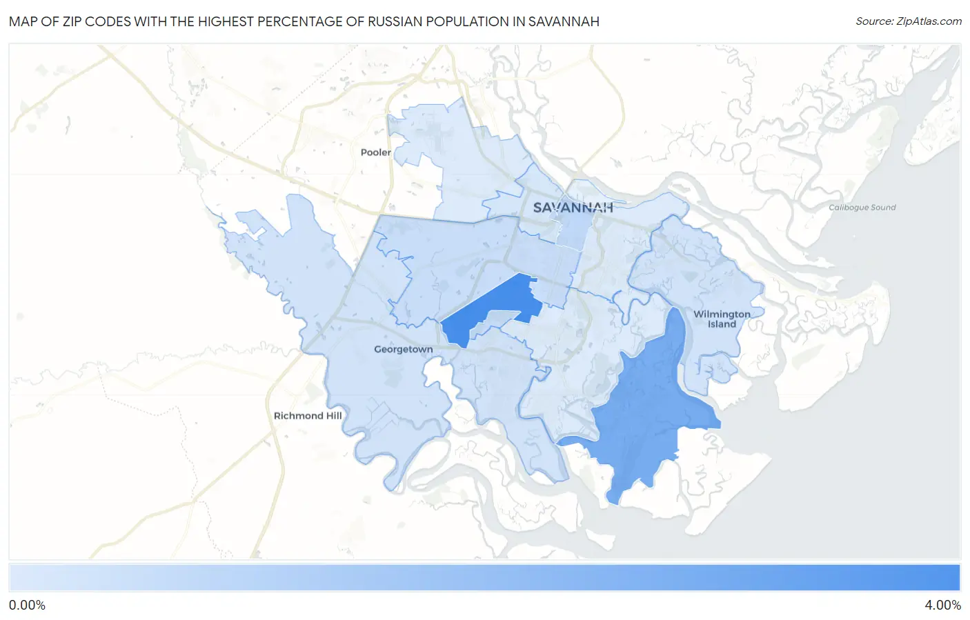 Zip Codes with the Highest Percentage of Russian Population in Savannah Map