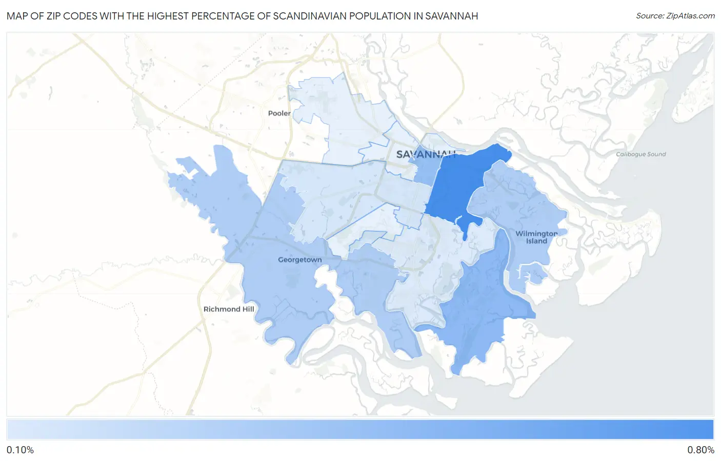 Zip Codes with the Highest Percentage of Scandinavian Population in Savannah Map
