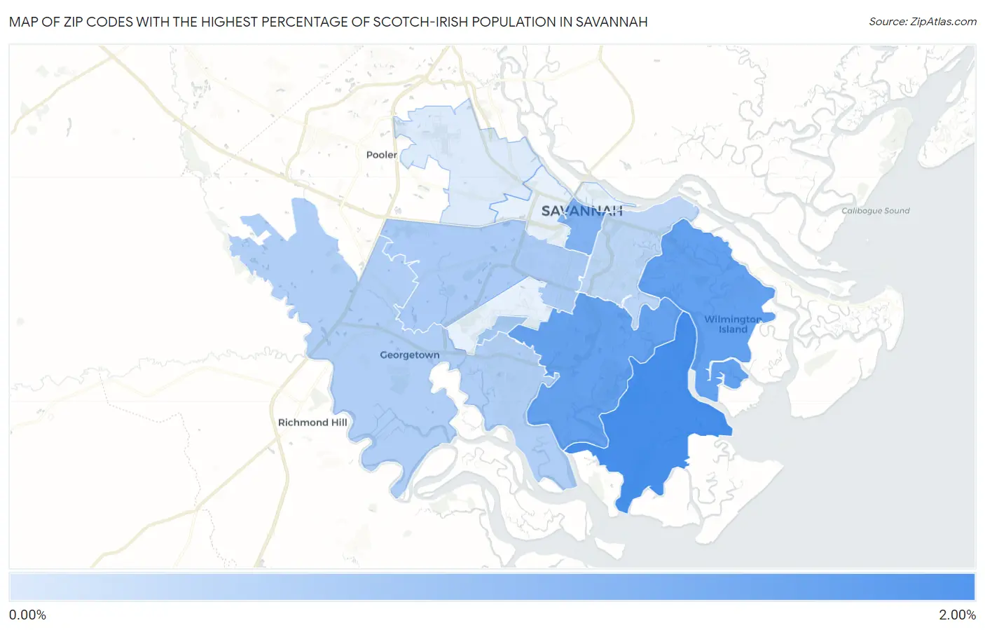 Zip Codes with the Highest Percentage of Scotch-Irish Population in Savannah Map