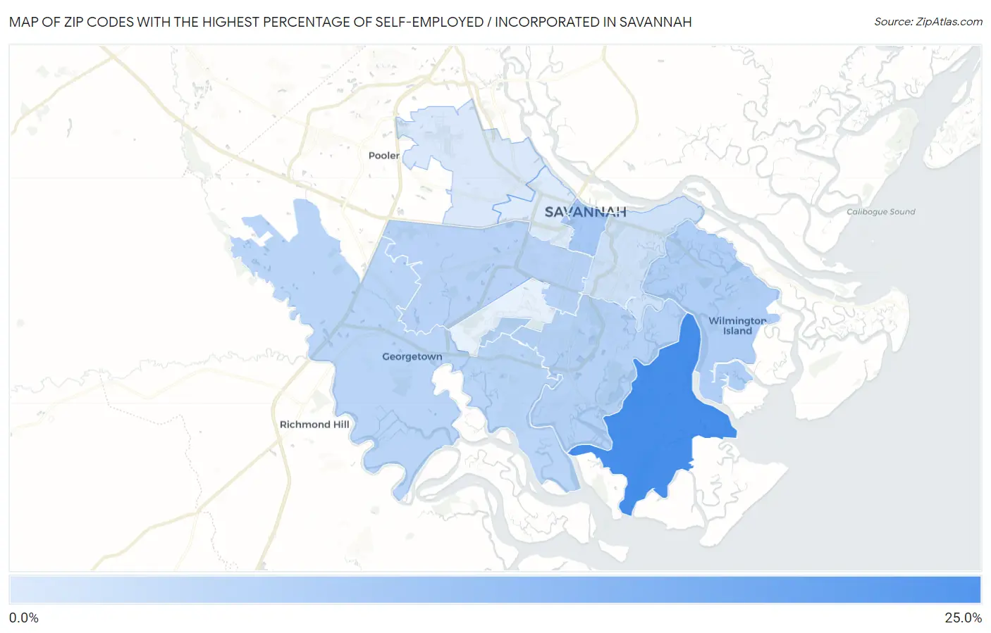 Zip Codes with the Highest Percentage of Self-Employed / Incorporated in Savannah Map
