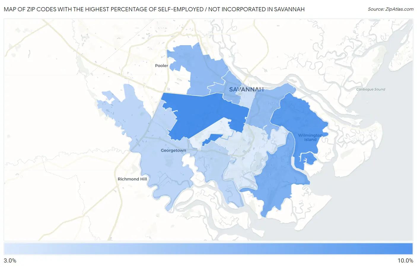 Zip Codes with the Highest Percentage of Self-Employed / Not Incorporated in Savannah Map