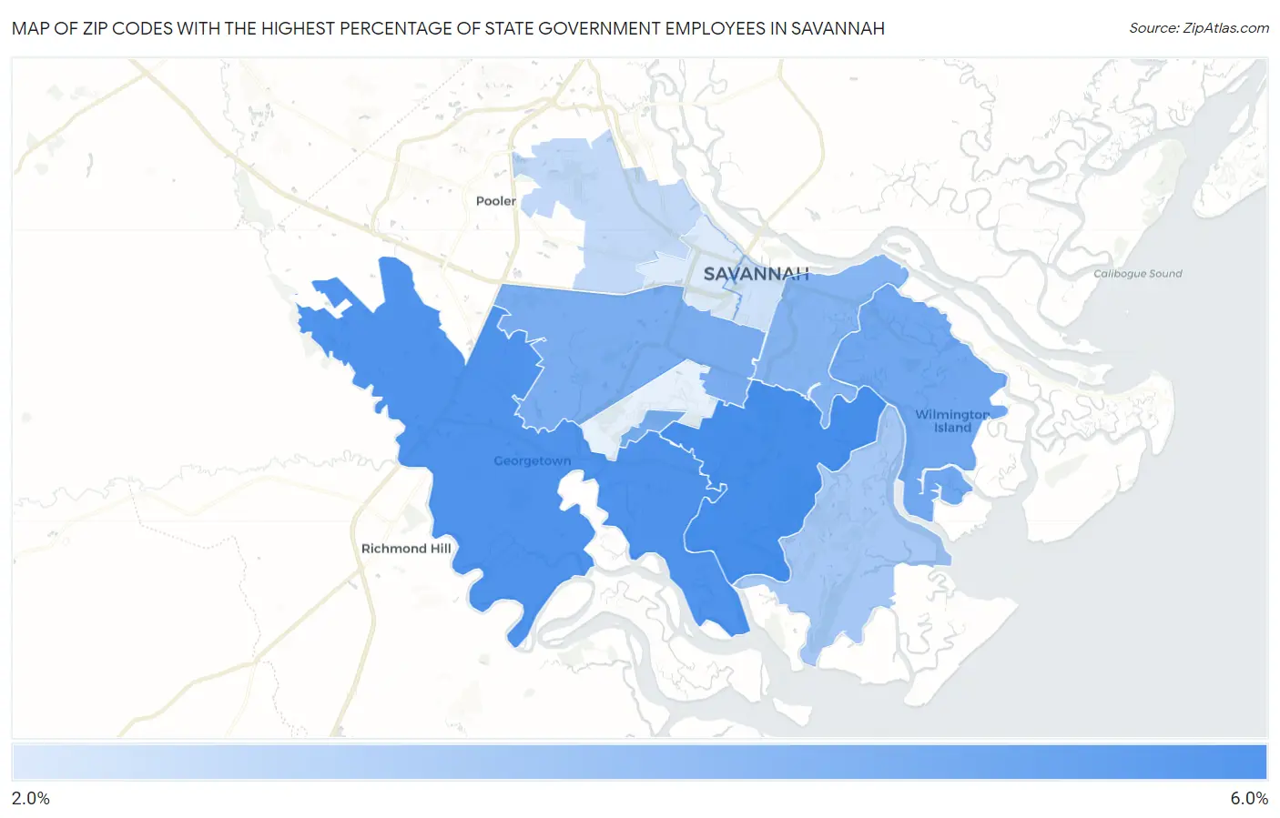 Zip Codes with the Highest Percentage of State Government Employees in Savannah Map