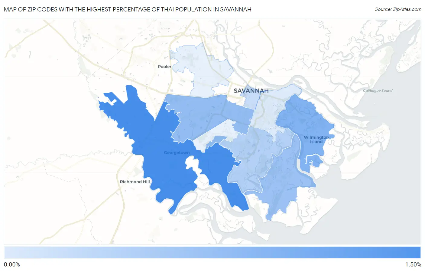 Zip Codes with the Highest Percentage of Thai Population in Savannah Map