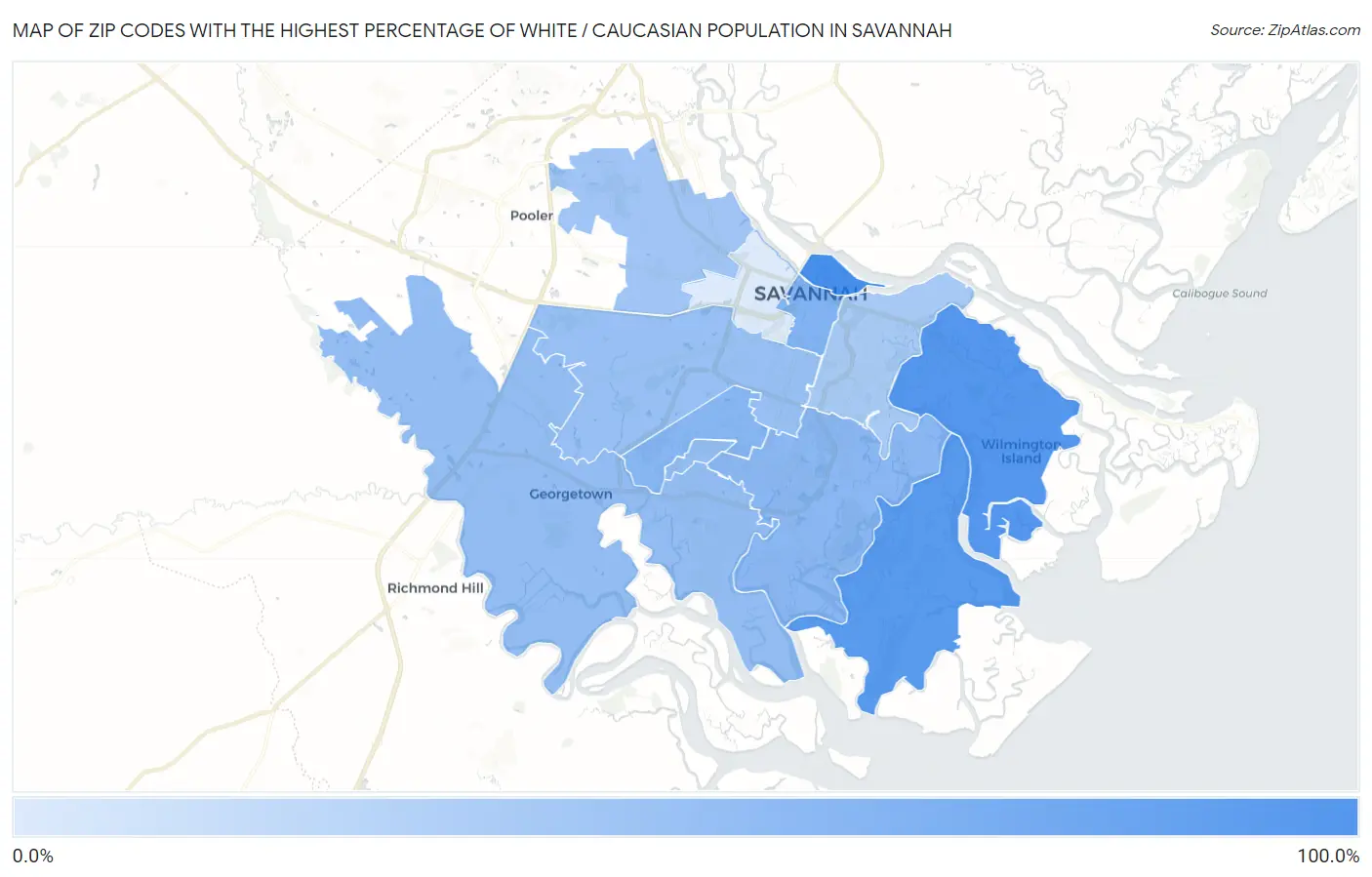 Zip Codes with the Highest Percentage of White / Caucasian Population in Savannah Map