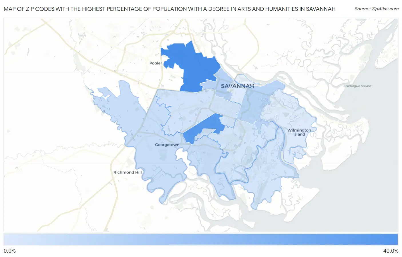 Zip Codes with the Highest Percentage of Population with a Degree in Arts and Humanities in Savannah Map