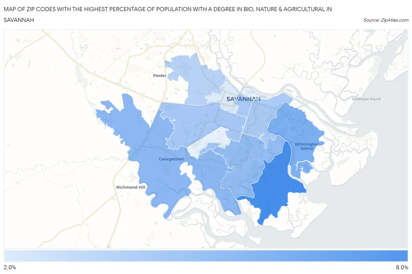 Zip Codes with the Highest Percentage of Population with a Degree in Bio, Nature & Agricultural in Savannah Map
