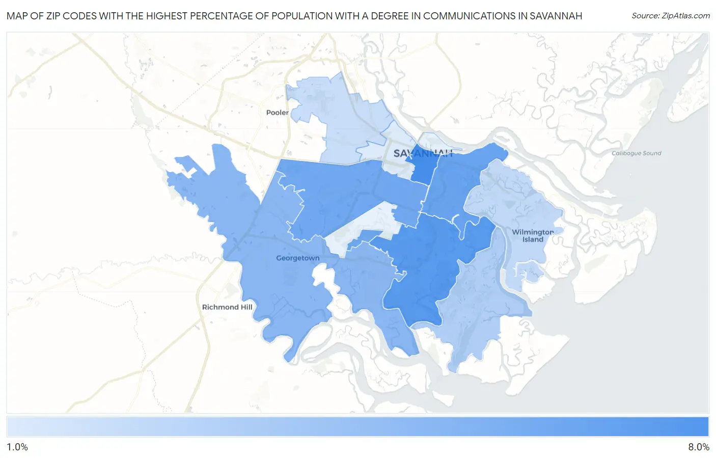 Zip Codes with the Highest Percentage of Population with a Degree in Communications in Savannah Map