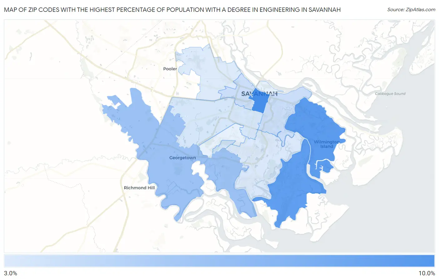 Zip Codes with the Highest Percentage of Population with a Degree in Engineering in Savannah Map