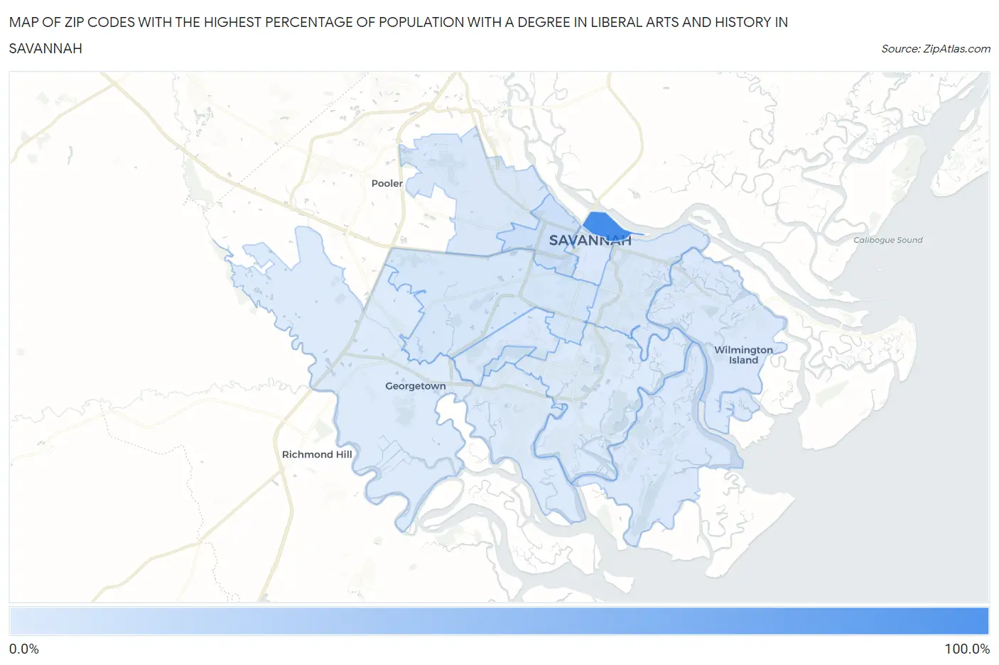 Zip Codes with the Highest Percentage of Population with a Degree in Liberal Arts and History in Savannah Map