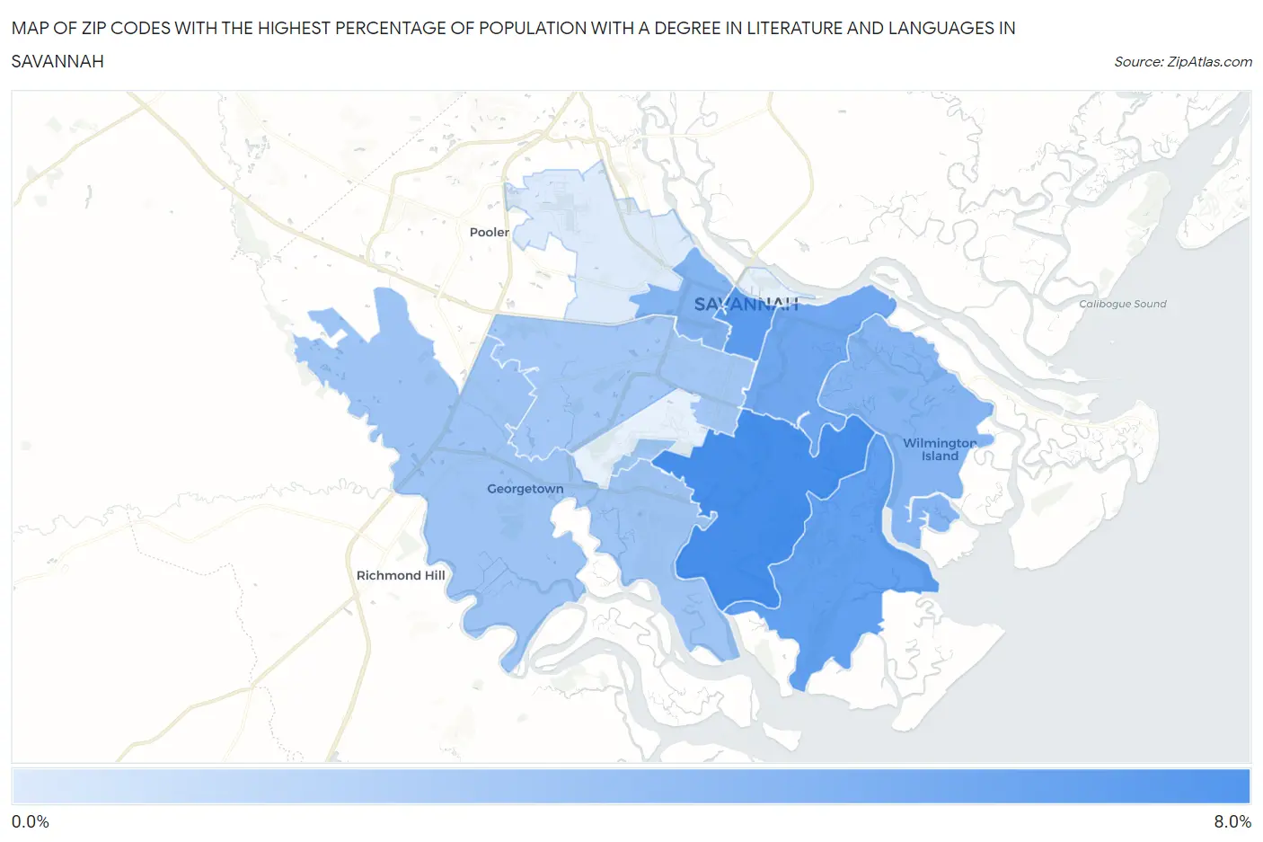 Zip Codes with the Highest Percentage of Population with a Degree in Literature and Languages in Savannah Map