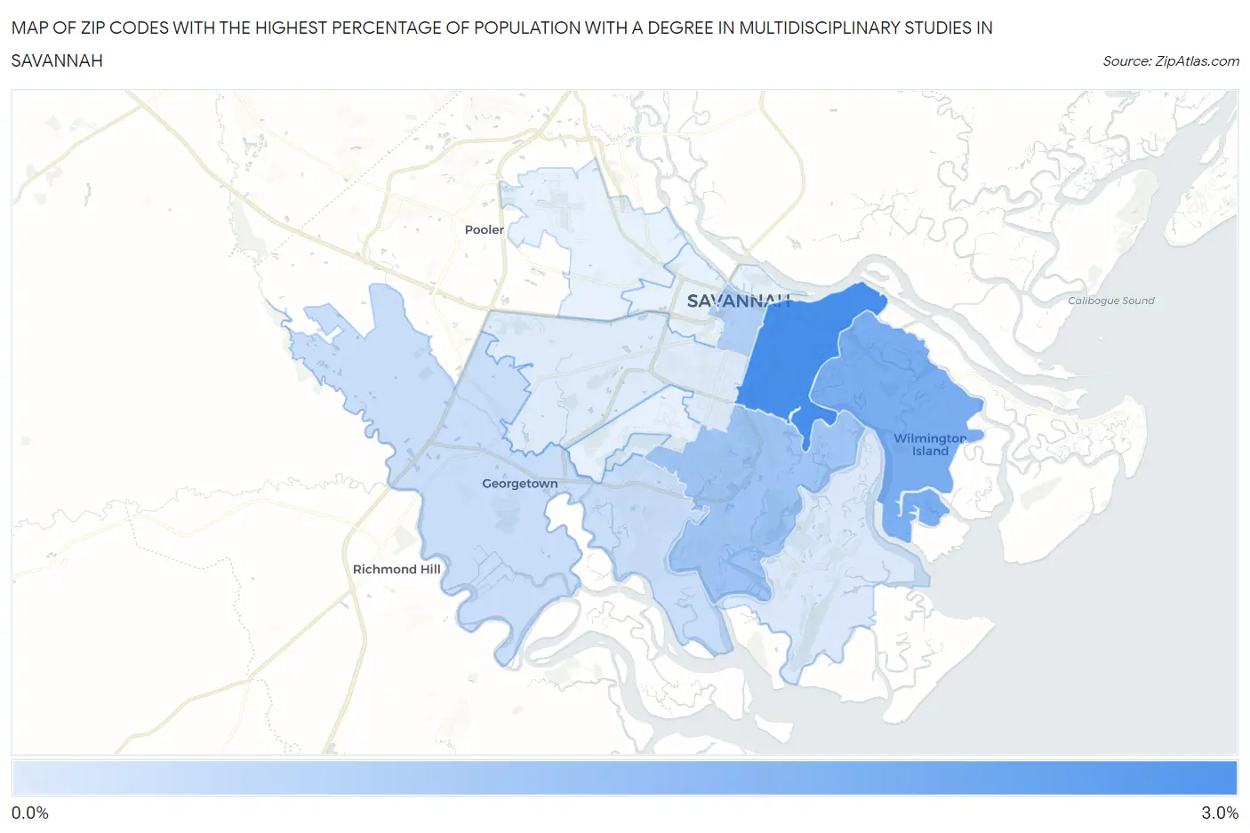 Zip Codes with the Highest Percentage of Population with a Degree in Multidisciplinary Studies in Savannah Map