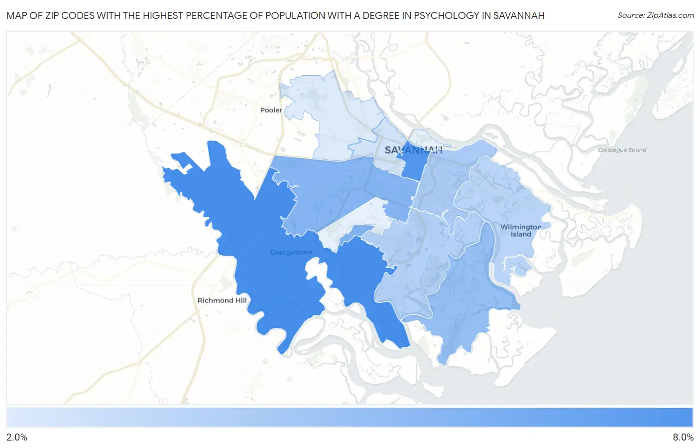 Zip Codes with the Highest Percentage of Population with a Degree in Psychology in Savannah Map