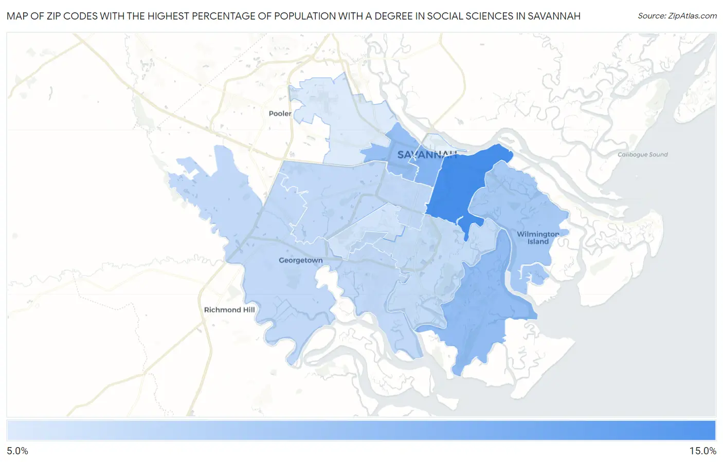 Zip Codes with the Highest Percentage of Population with a Degree in Social Sciences in Savannah Map