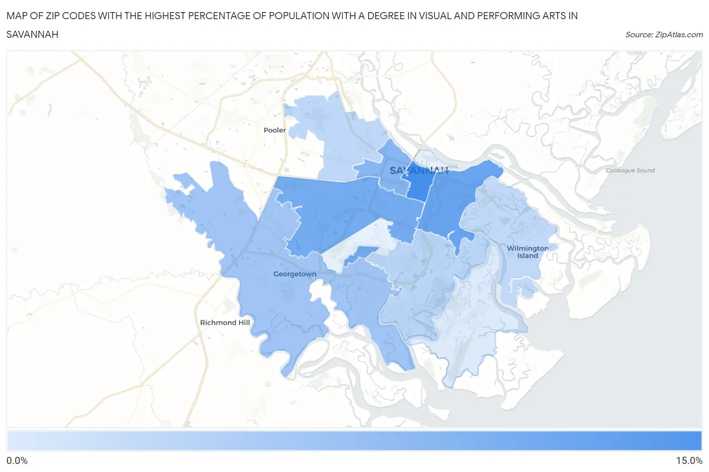 Zip Codes with the Highest Percentage of Population with a Degree in Visual and Performing Arts in Savannah Map