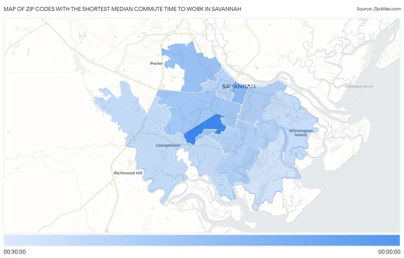 Zip Codes with the Shortest Median Commute Time to Work in Savannah Map
