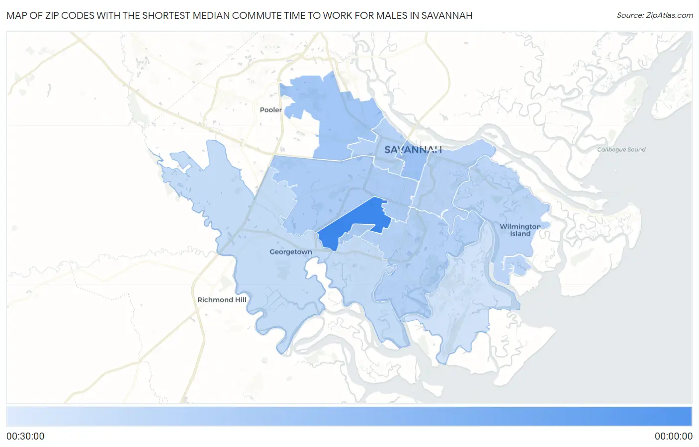 Zip Codes with the Shortest Median Commute Time to Work for Males in Savannah Map