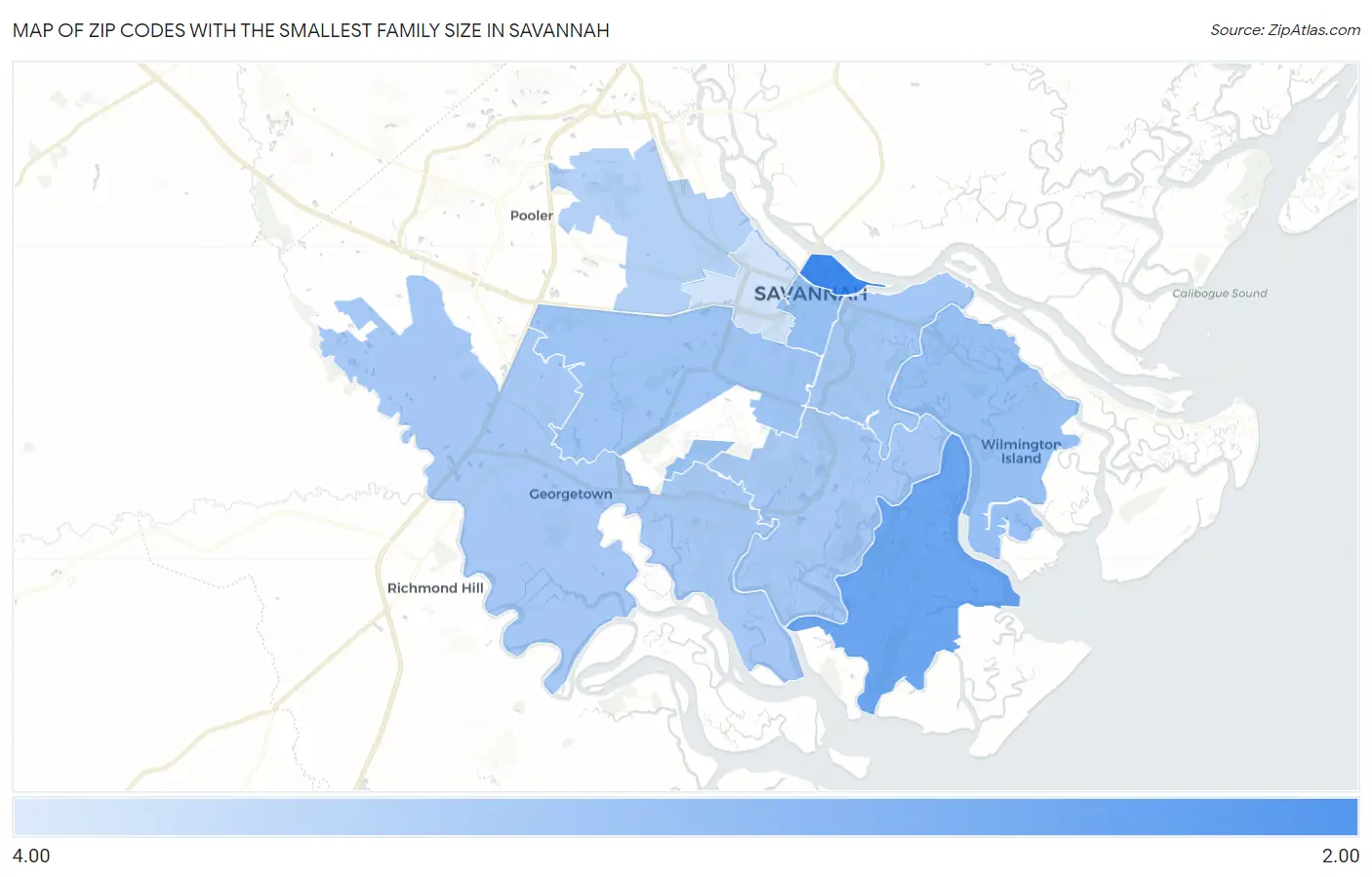 Zip Codes with the Smallest Family Size in Savannah Map