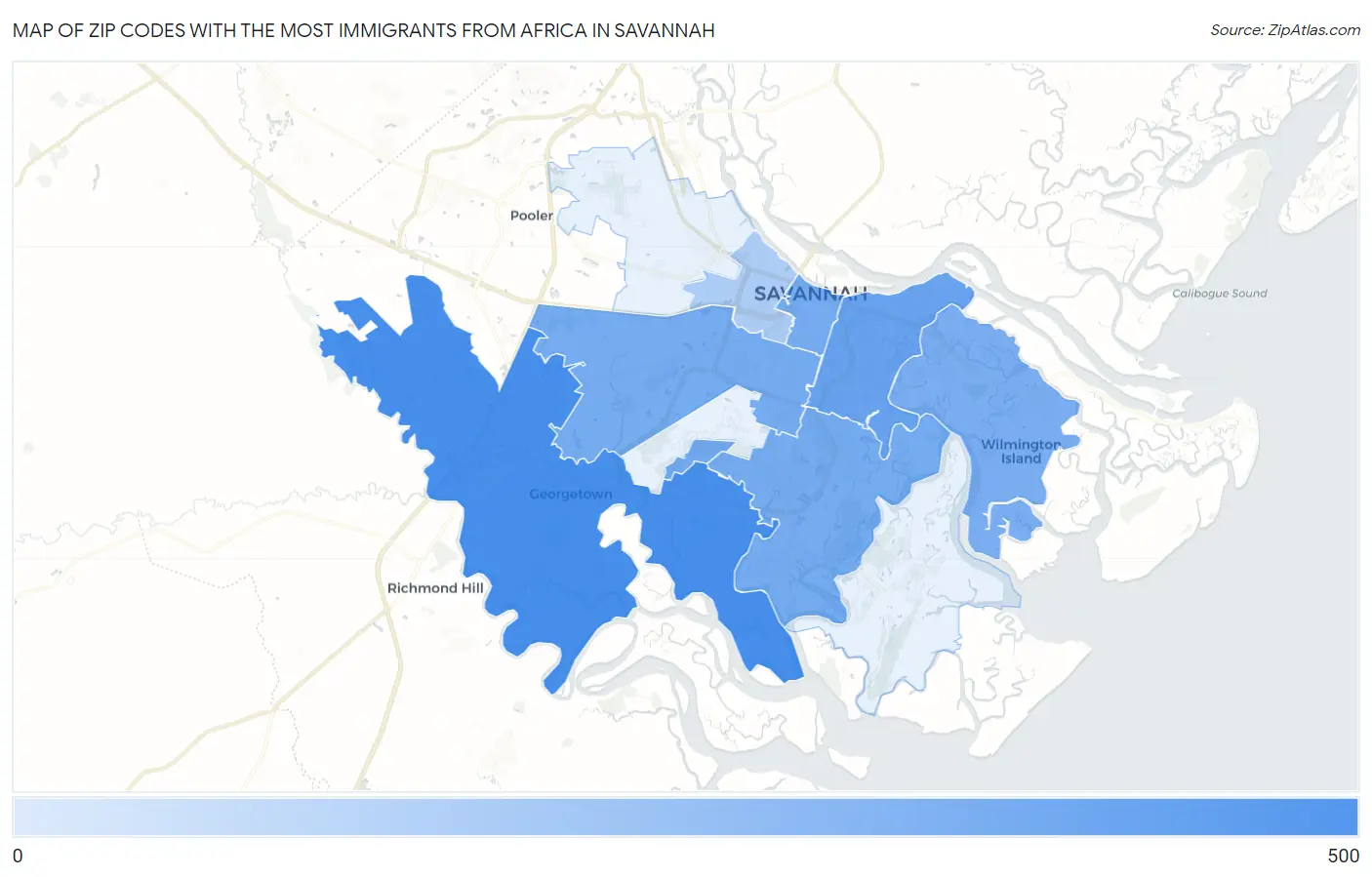 Zip Codes with the Most Immigrants from Africa in Savannah Map