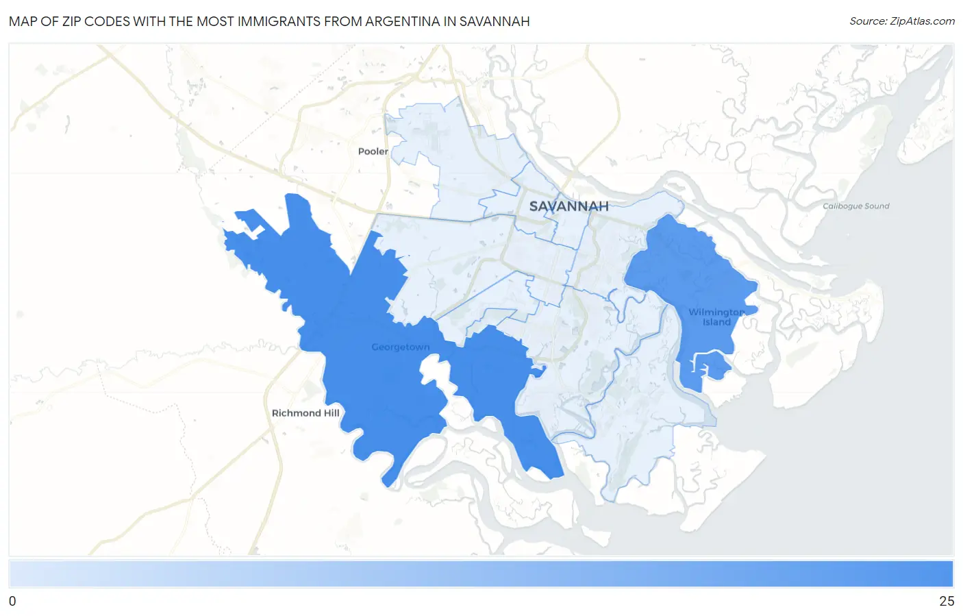 Zip Codes with the Most Immigrants from Argentina in Savannah Map