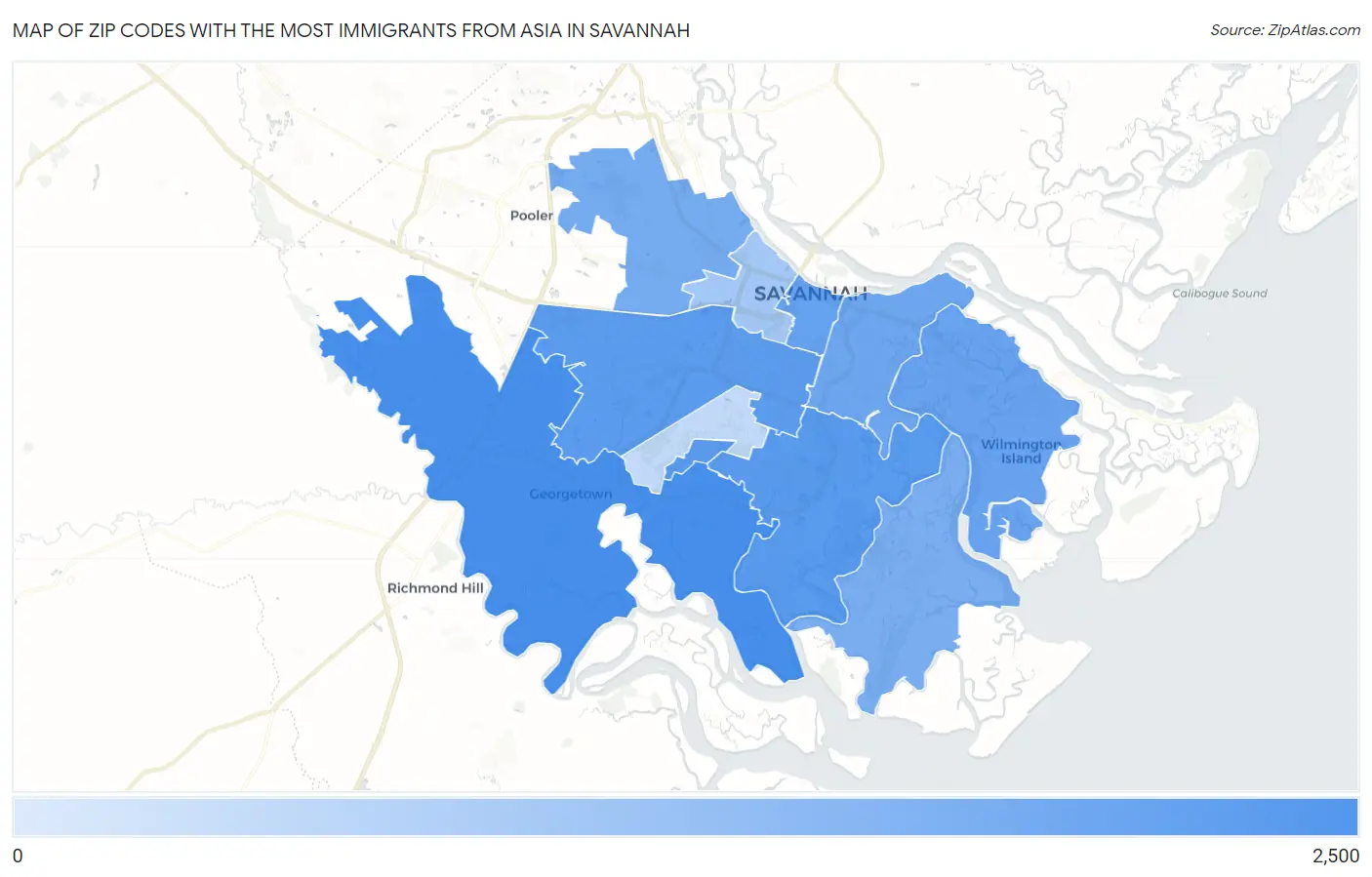 Zip Codes with the Most Immigrants from Asia in Savannah Map