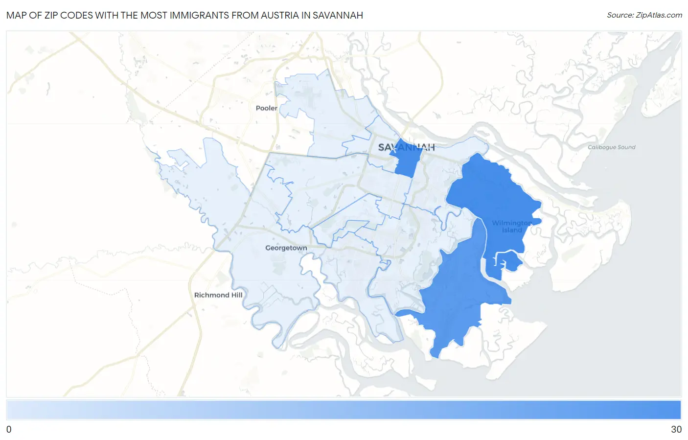 Zip Codes with the Most Immigrants from Austria in Savannah Map