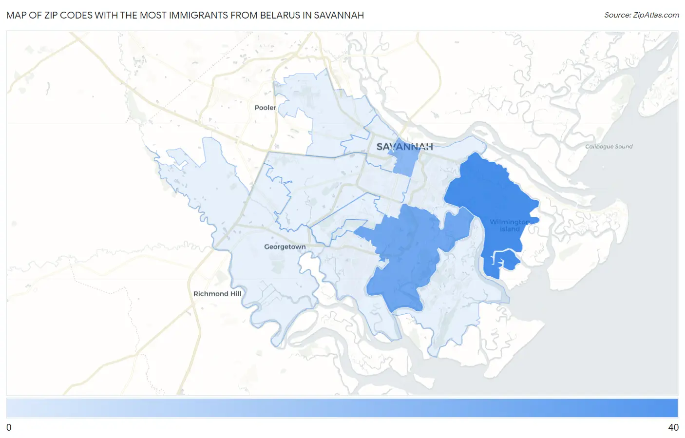 Zip Codes with the Most Immigrants from Belarus in Savannah Map