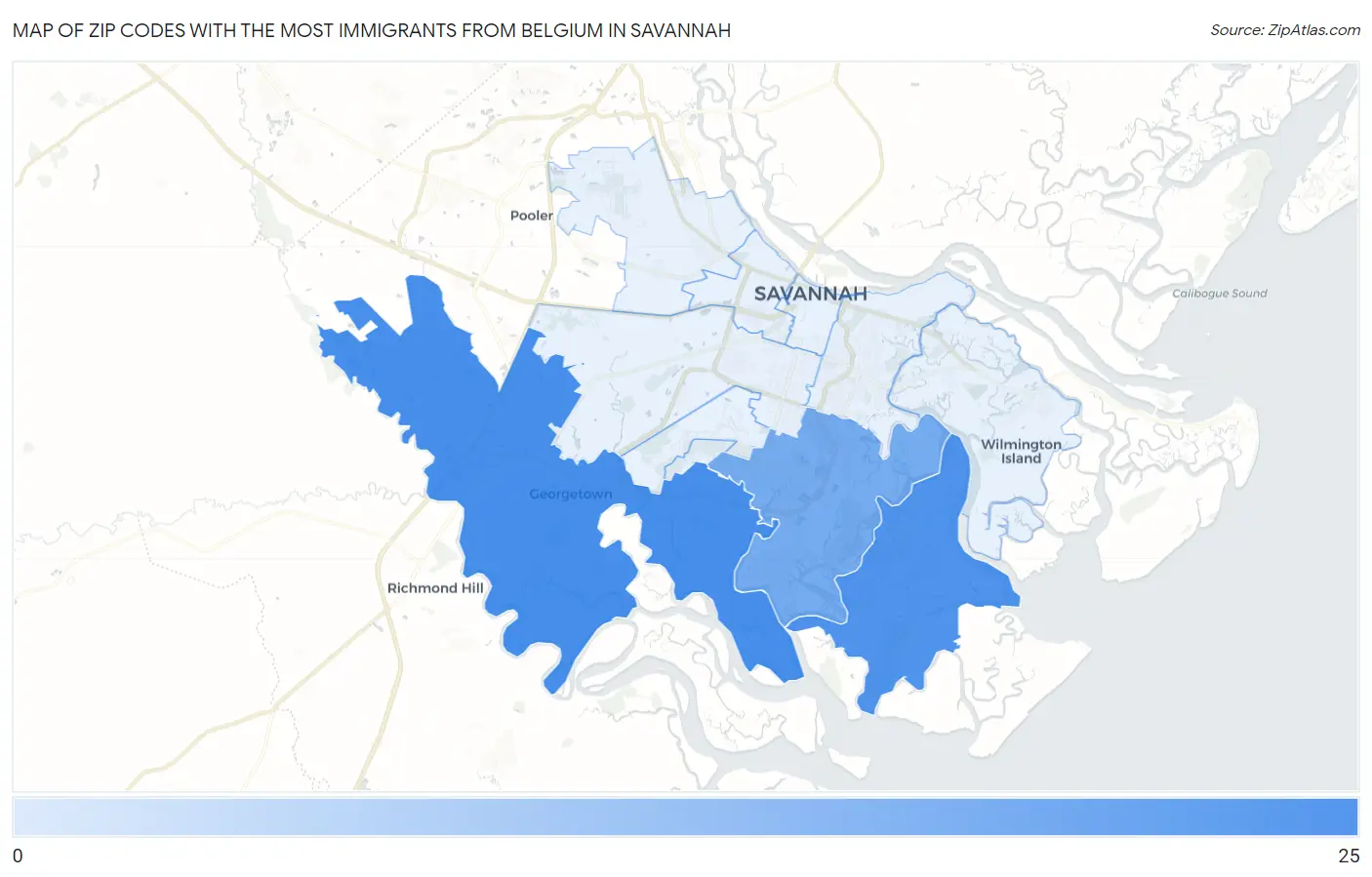Zip Codes with the Most Immigrants from Belgium in Savannah Map