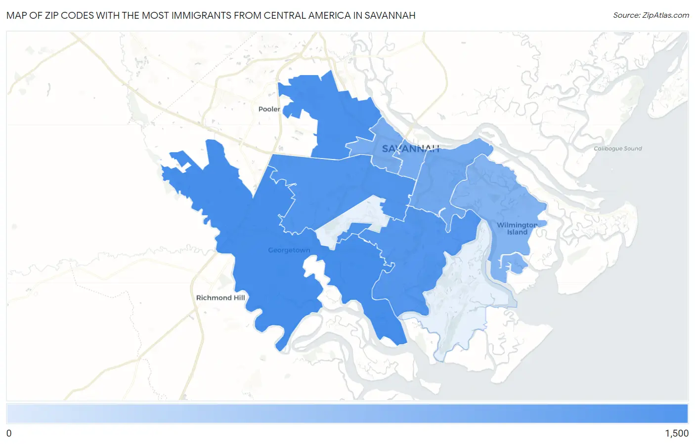 Zip Codes with the Most Immigrants from Central America in Savannah Map