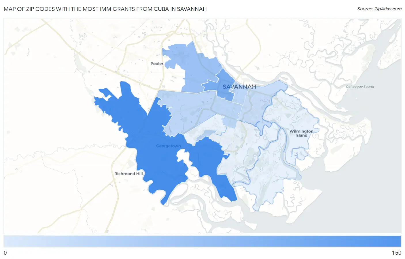 Zip Codes with the Most Immigrants from Cuba in Savannah Map