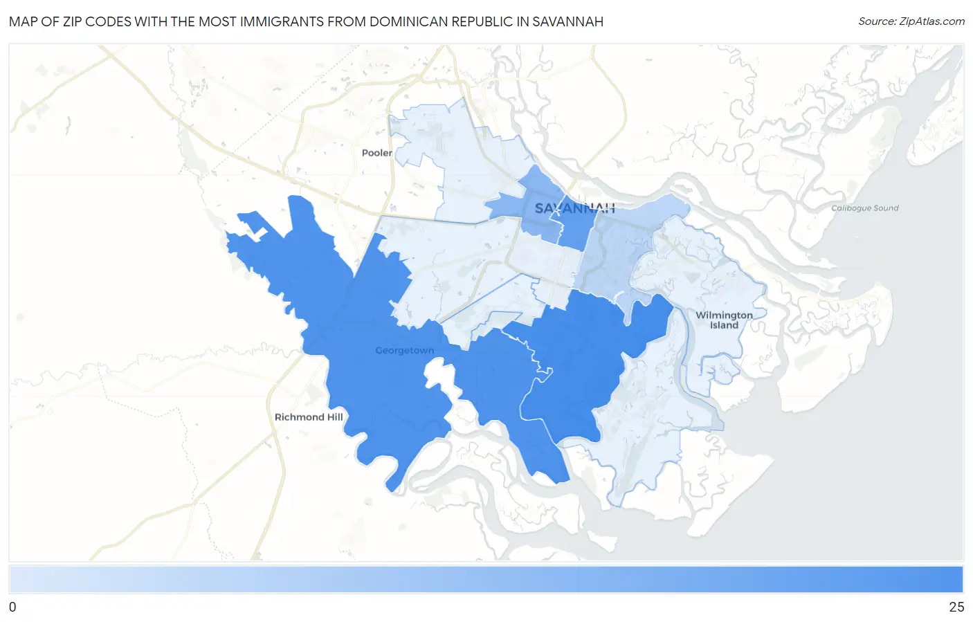Zip Codes with the Most Immigrants from Dominican Republic in Savannah Map