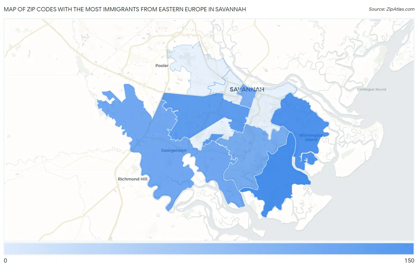 Zip Codes with the Most Immigrants from Eastern Europe in Savannah Map
