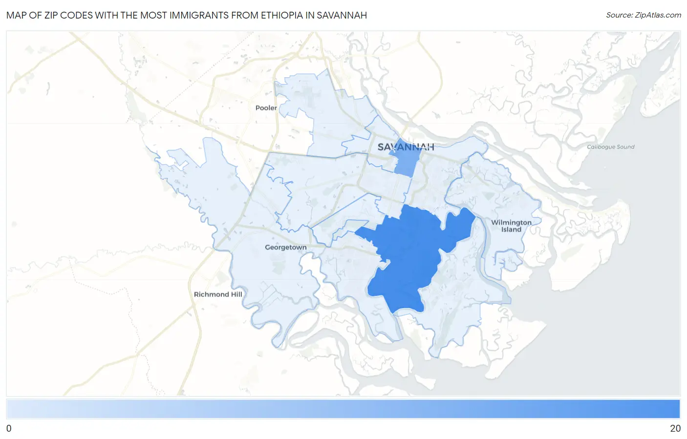 Zip Codes with the Most Immigrants from Ethiopia in Savannah Map